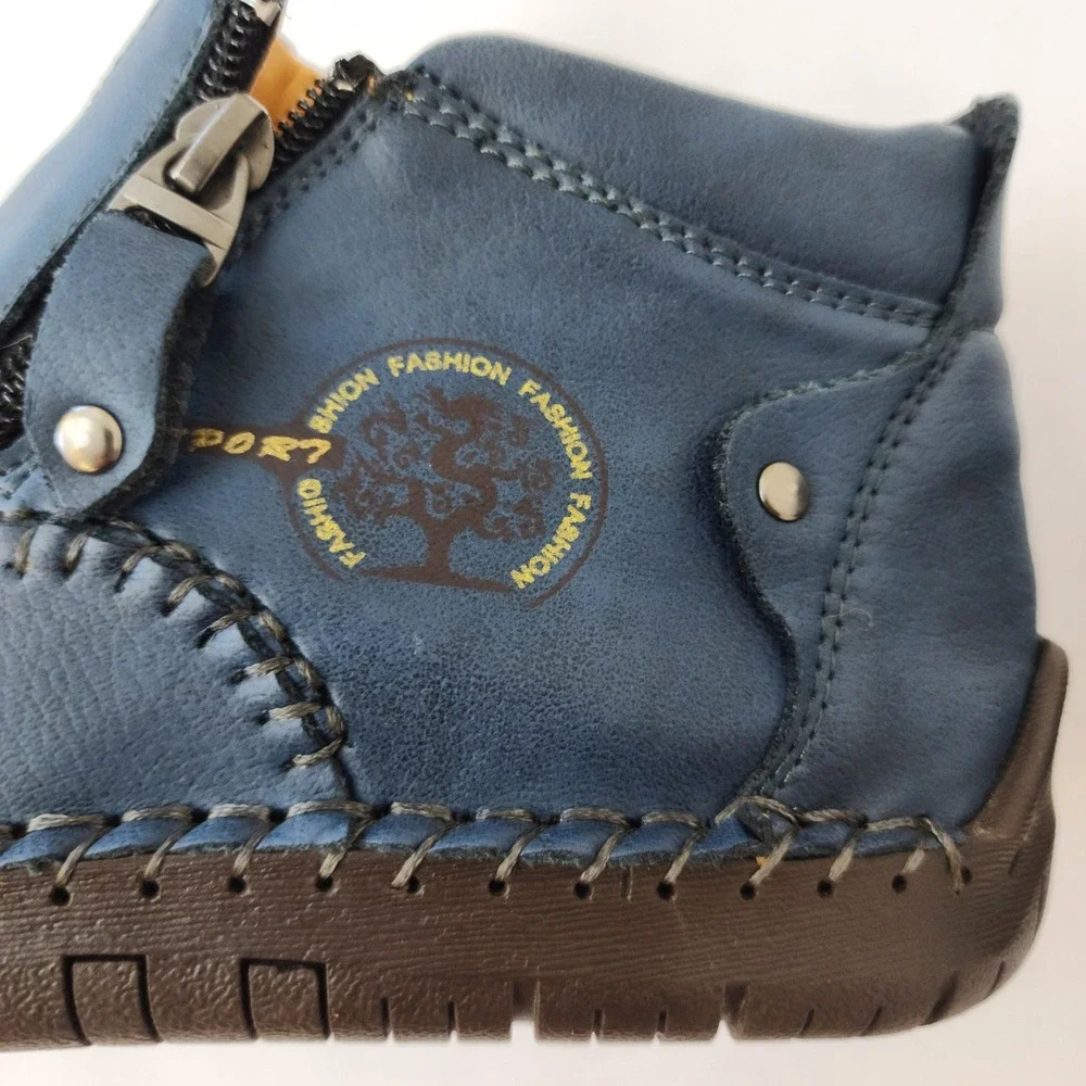 Fashion Sport Blue Leather Hand Stitched Ankle Boots Side Zip‎ Men's 7
